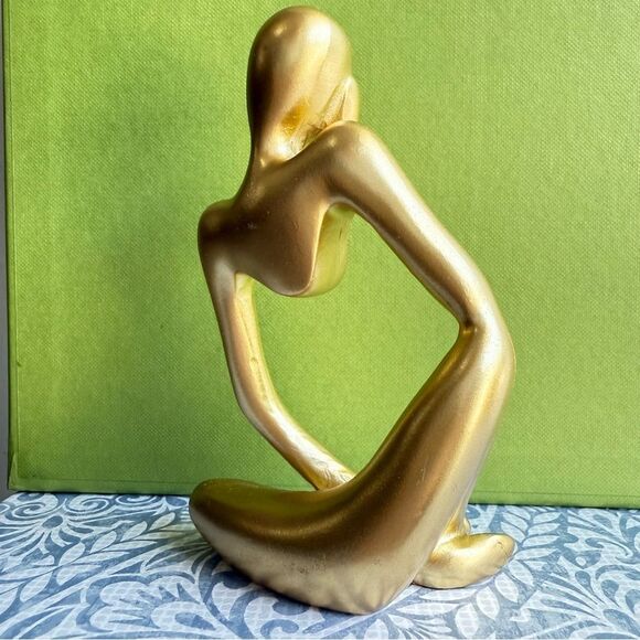 GOLD ABSTRACT THINKER SCULPTURE – MODERN GOLDEN FIGURINE HOME DECOR - Picture 3 of 17